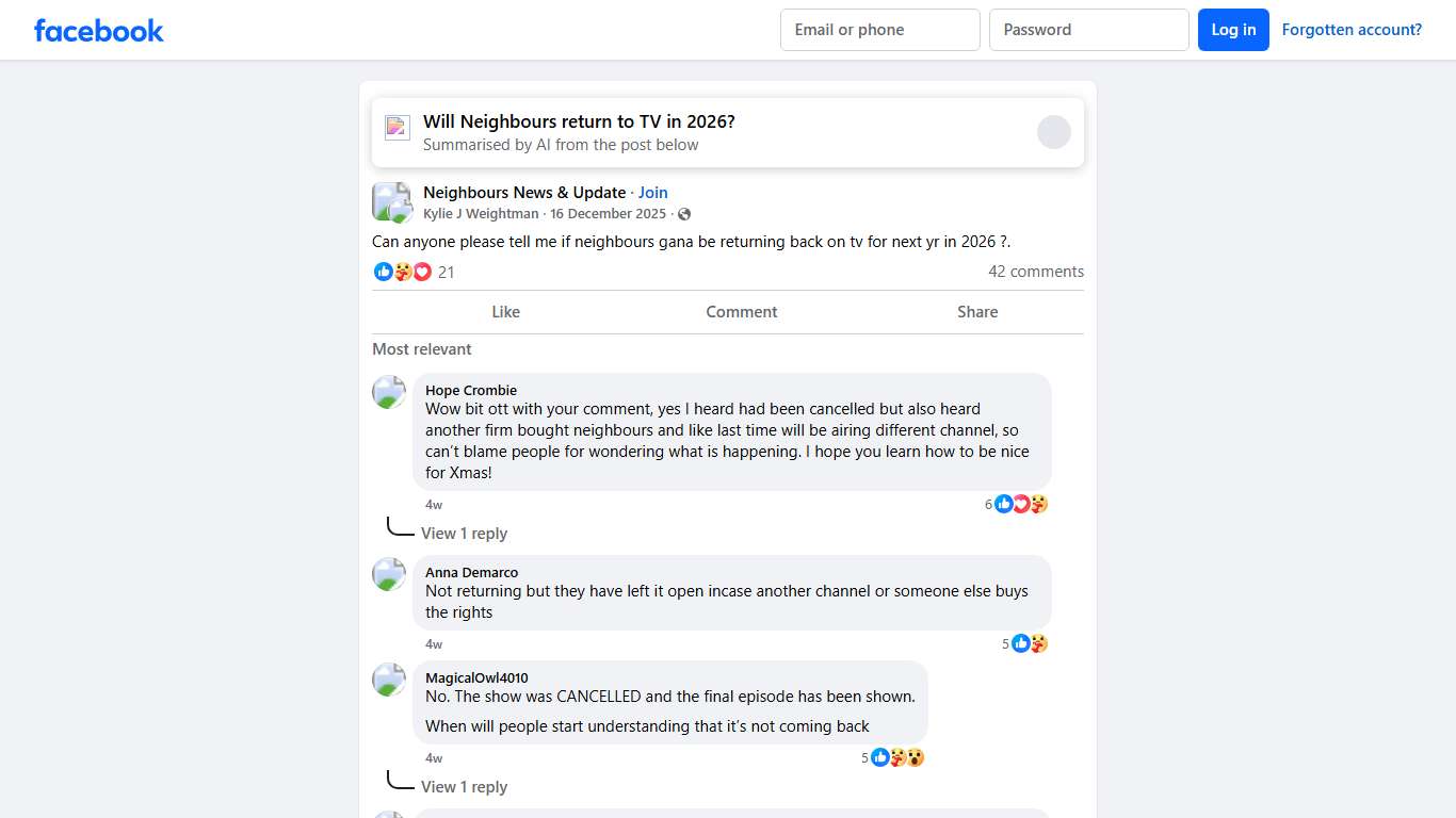 Neighbours News & Update | Can anyone please tell me if neighbours gana be returning back on tv for next yr in 2026 | Facebook